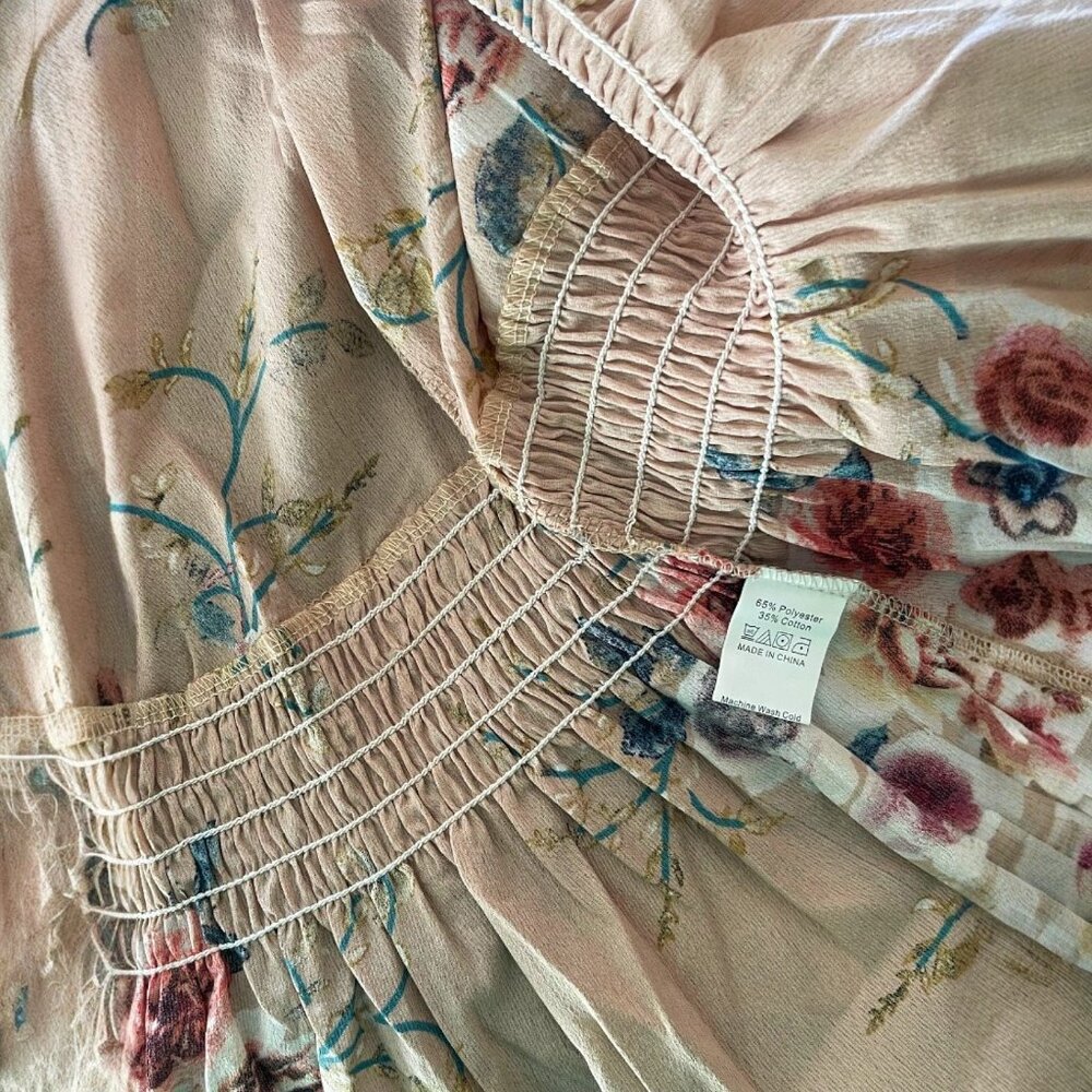 Floral Smocked Peplum Blouse Beige Boho Top Plus Size 2XL New - Picture 6 of 6